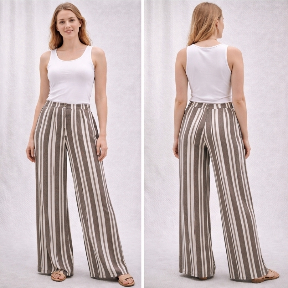 H&M Wide-Leg Striped Pull-On Pants in Taupe & White